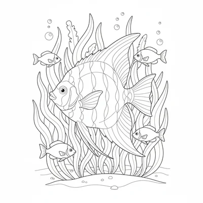 A big tropical fish swimming through a sea of colorful ribbons of seaweed, its coloring page