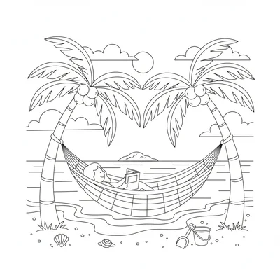 A big wide hammock strung between two palm trees on a tropical beach, a simple coloring page