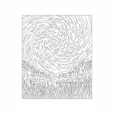 A bird migration scene with a massive flock of many starlings in a murmuration coloring page