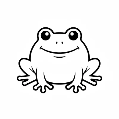 A blobby smiling frog viewed from the front, its round green body low and wide coloring page