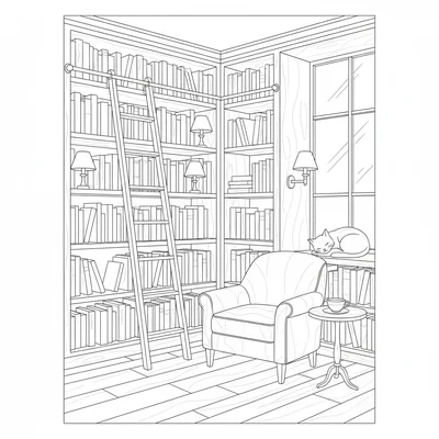 A bookstore interior with floor-to-ceiling shelves packed with books, a rolling coloring page