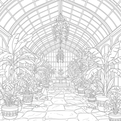 A botanical greenhouse interior with a glass and iron frame structure above coloring page