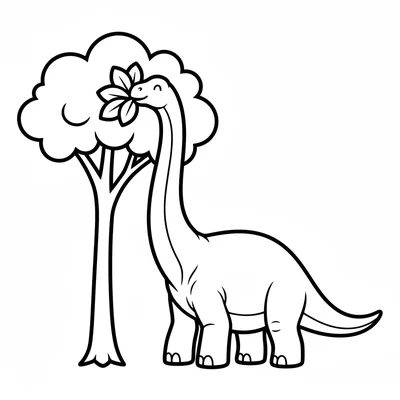 A Brachiosaurus eating leaves from the top of a simple tall tree, its long neck… coloring page