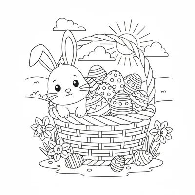 A bunny hiding behind a large Easter basket full of eggs, its long ears peeking coloring page