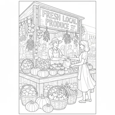 A bustling farmers market stall overflowing with produce, a wooden booth frame coloring page