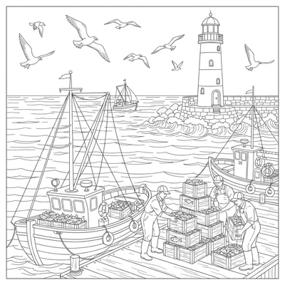 A busy harbor scene with fishing boats unloading their catch at the dock coloring page