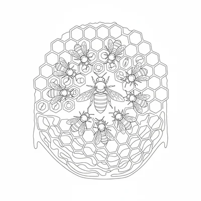 A busy honey bee hive cross-section showing the outer comb wall with hexagonal coloring page