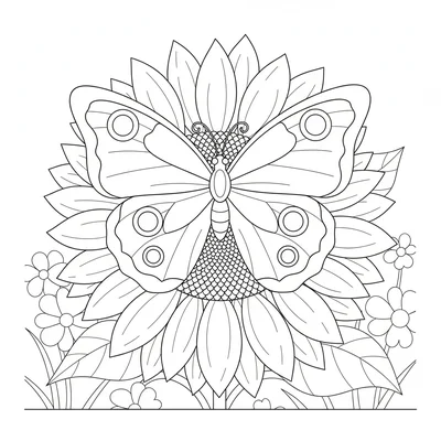 A butterfly resting on a large sunflower, its four wide wings spread open coloring page