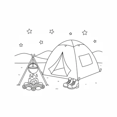 A simple campsite scene with a round tent, a campfire with three logs coloring page