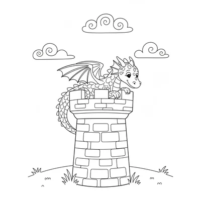 A simple castle turret seen from outside with a dragon resting its head over coloring page