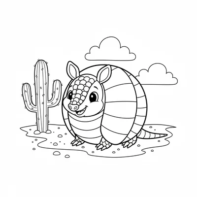A cheerful armadillo rolled into a perfect ball, its armored bands in a simple coloring page