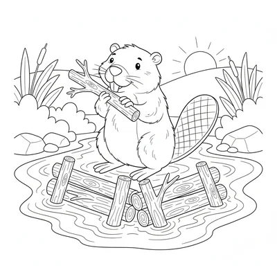 A cheerful beaver building its dam across a small stream, a branch in its teeth coloring page
