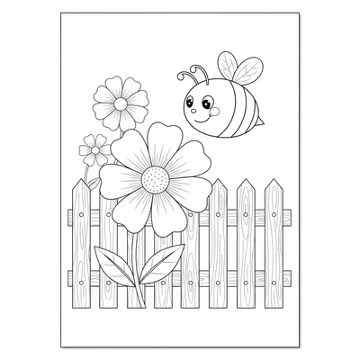 A cheerful bee flying above a garden flower bed, its round striped body coloring page