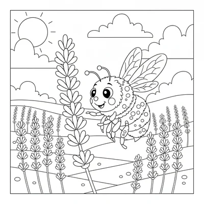 A cheerful bumble bee buzzing beside a large field of lavender, its striped coloring page