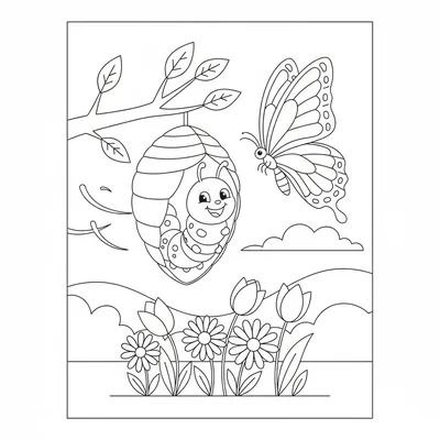 A cheerful caterpillar transforming inside a cocoon hanging from a branch coloring page