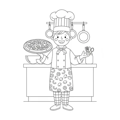A cheerful chef holding a large round pizza in front of them, wearing a tall coloring page