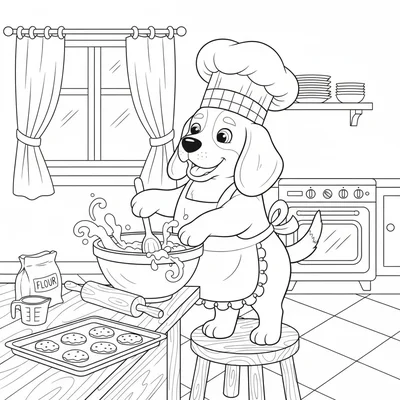A cheerful dog in a chef hat standing on a stool at a kitchen counter, both coloring page
