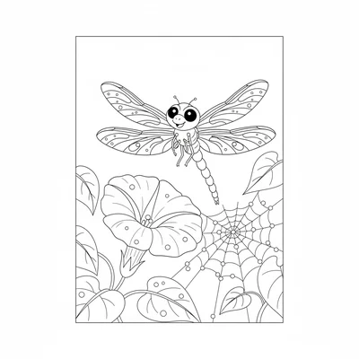 A cheerful dragonfly hovering beside a large morning glory flower that has just coloring page