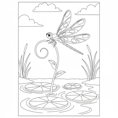 A cheerful dragonfly perched on a tall flower stem above a pond, its four coloring page
