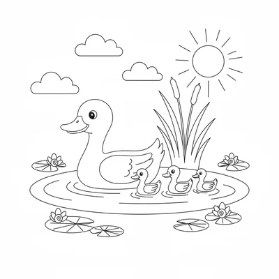 A cheerful duck family swimming in a row, a big parent duck and three small coloring page