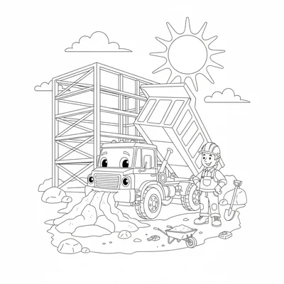 A cheerful dump truck dumping a load of sand at a construction site, its tilted coloring page