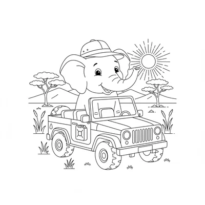 A cheerful elephant in a safari jeep, its large grey head poking out coloring page
