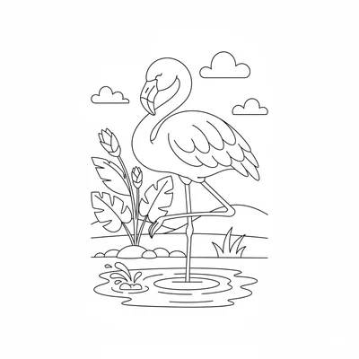 A cheerful flamingo standing in a shallow pond performing its coloring page