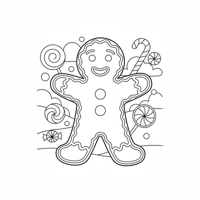 A cheerful gingerbread man standing upright with two round frosting buttons coloring page