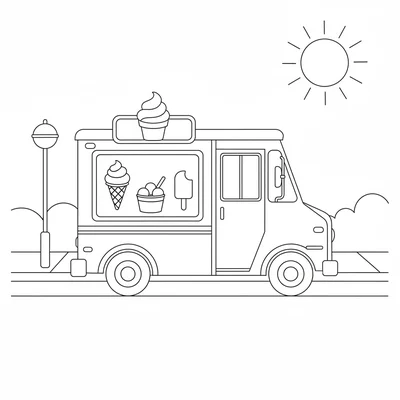 A cheerful ice cream truck parked on a sunny street, its white boxy vehicle coloring page