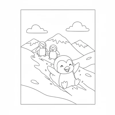 A cheerful little penguin sliding down a gentle icy slope on its belly, its coloring page