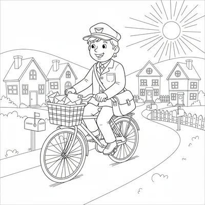 A cheerful mail carrier on a bright yellow bicycle delivering letters, a large coloring page