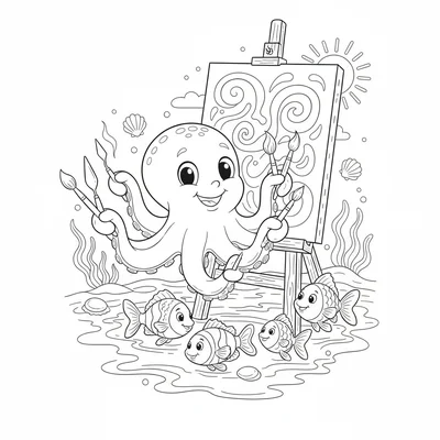 A cheerful octopus at a painting easel, using each of its eight arms to hold coloring page