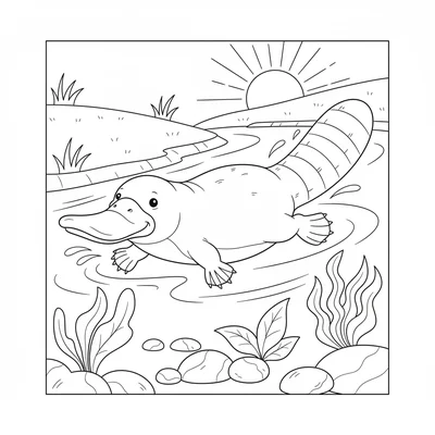 A cheerful platypus swimming in a creek, its flat duck bill leading the way coloring page