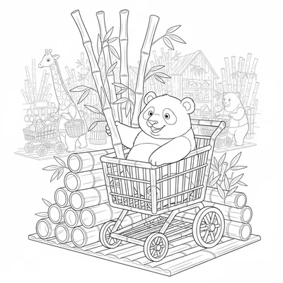 A cheerful round panda sitting inside a bamboo shopping cart at a bamboo coloring page