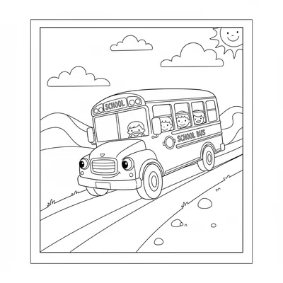 A cheerful school bus climbing a steep hill road, its tall rectangular body coloring page