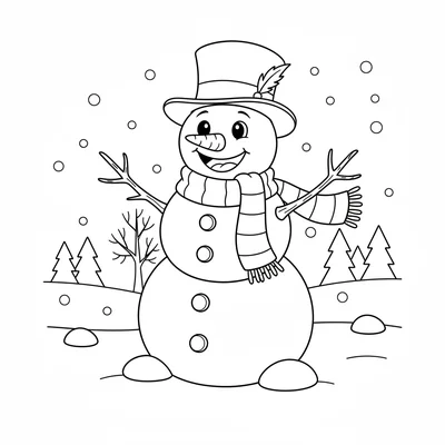 A cheerful snowman standing in a snowy yard, its three stacked ball body coloring page
