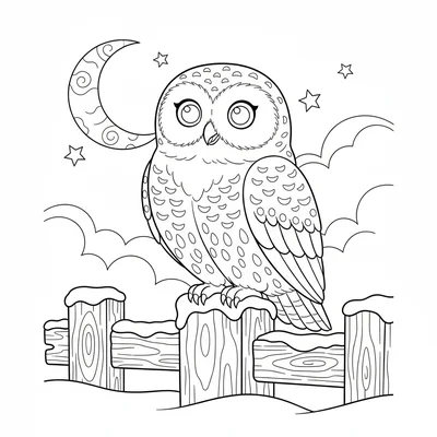 A cheerful snowy owl perched on a snow-covered fence post at night, its white coloring page