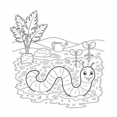 A cheerful worm wriggling through rich dark garden soil, its segmented body coloring page