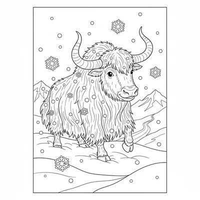 A cheerful yak trudging through deep mountain snow, its enormous fluffy body coloring page