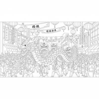 A Chinese New Year parade scene with a long dragon float made of many sections coloring page
