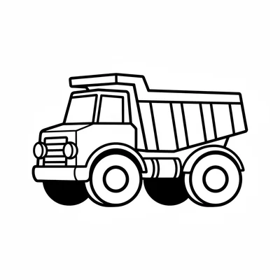 A chunky dump truck facing the viewer from the side, its large boxy cab coloring page