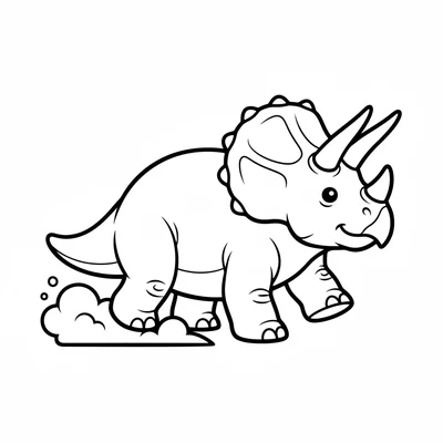 A chunky Triceratops walking through a simple dust cloud, viewed from the side,… coloring page
