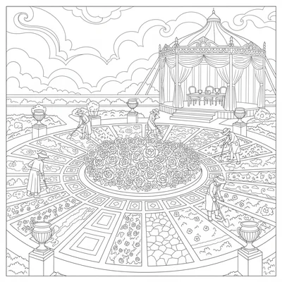 A city park flower show with geometric garden beds coloring page