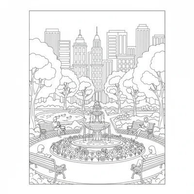 A city park scene showing a fountain in the center surrounded by flower beds coloring page