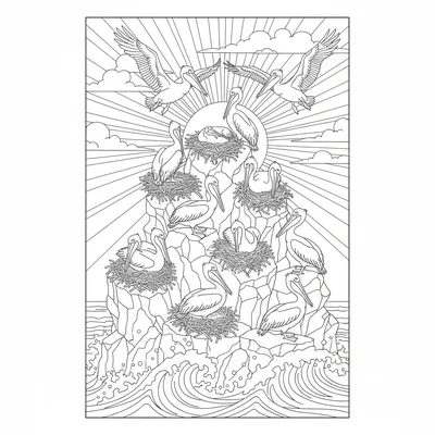 A coastal pelican rookery on a rocky sea stack with dozens of pelicans coloring page