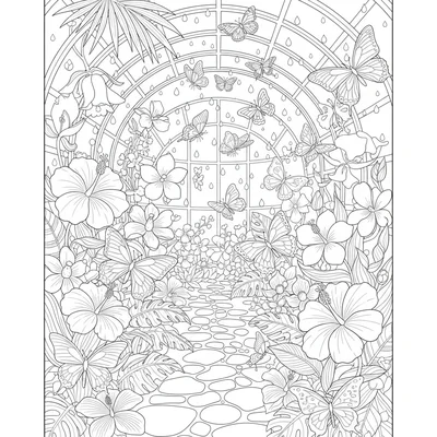 A colorful butterfly garden enclosure with a wide variety of butterfly species coloring page