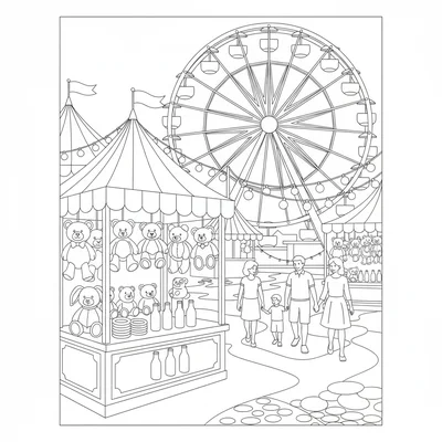 A colorful carnival midway with a Ferris wheel in the background, a ring toss coloring page
