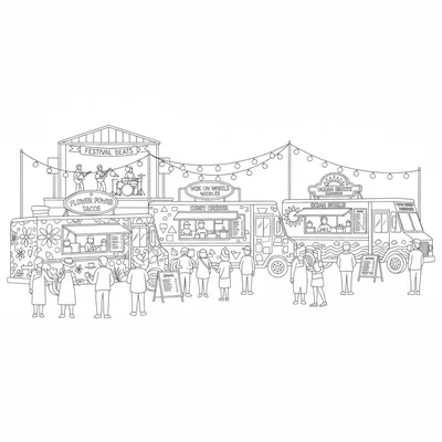 A colorful festival food truck park with four food trucks parked in a row, each coloring page