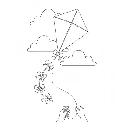 A colorful kite flying in a breezy sky, its diamond body with four color coloring page