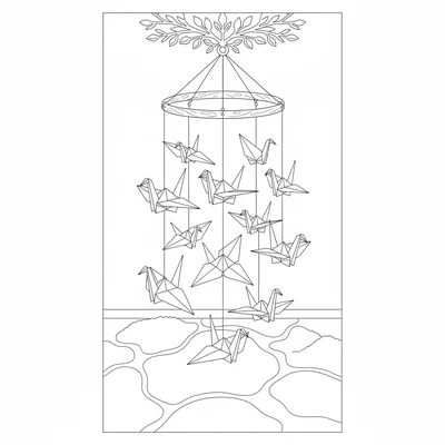A colorful origami bird mobile hanging from a ceiling, twelve paper crane coloring page
